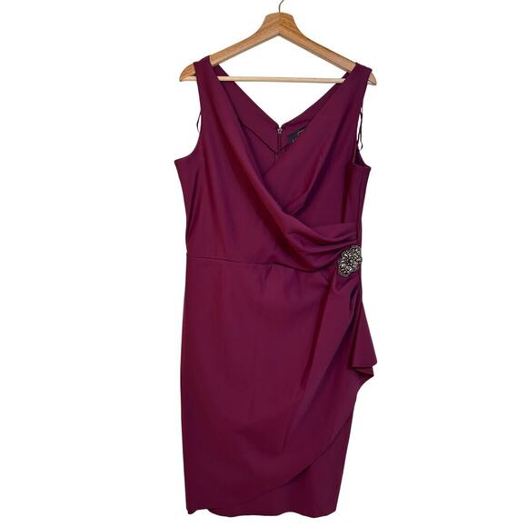 Alex Evenings Compression Dress Size 14 Ruffle Skirt Beaded Detail Wine Cocktail - Picture 3 of 14